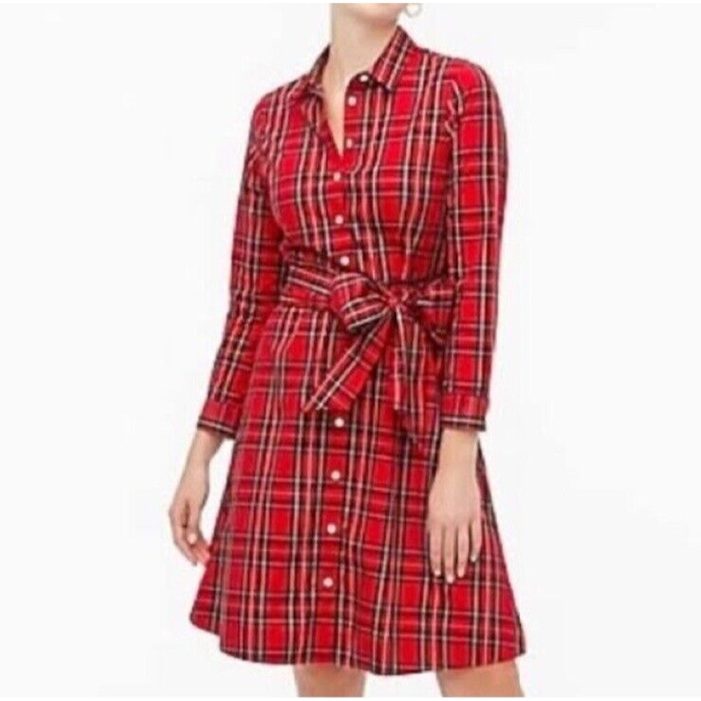 J Crew Shirt Dress Women's Size 0 Tie Waist Red Tartan Plaid Button Front NEW